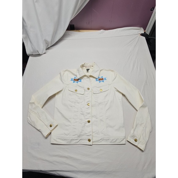 Ralph Lauren Women's White Jean Trucker Southwestern Jacket Size Med Beaded - Picture 1 of 16